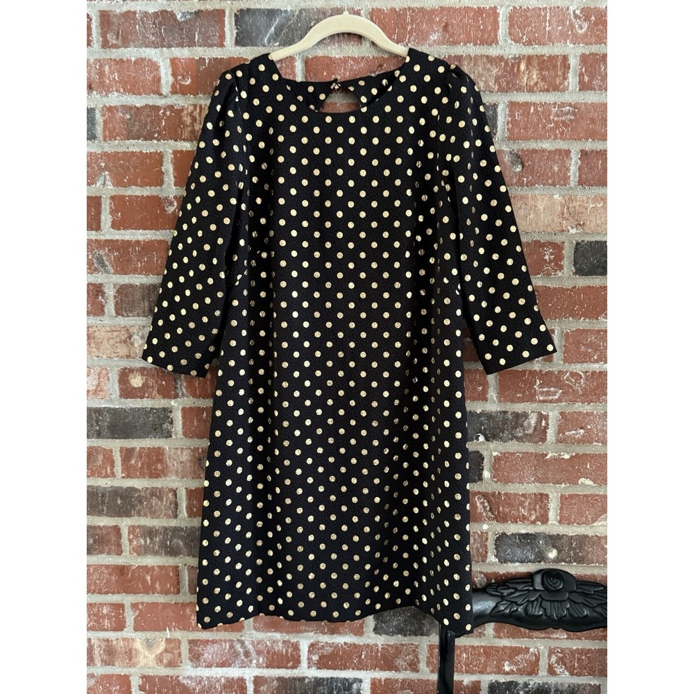Talbots Black Gold Polka Dot Textured Midi Dress Keyhole Back Size S